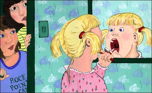 illustration of little girl looking at loose tooth in mirror