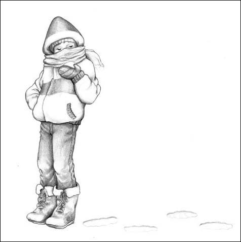 illustration of boy looking at handful of snow