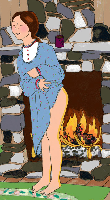 illustration of woman toasting backside at fireplace